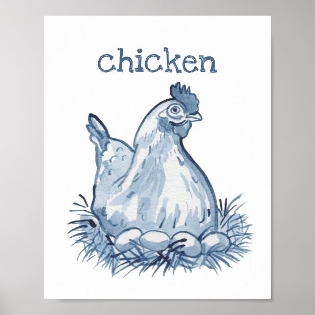 Póster Gallo Gallina Azul Bonito Acuarela Animales Natura (Frente)