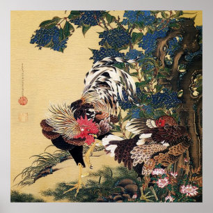 Póster Gallo, gallina y hortensia de Ito Jakuchu