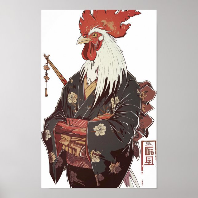 Póster Gallo japonés en Kimono con Poster de palillos (Frente)