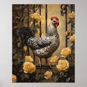 Póster Gallo manchado con rosas amarillas pintura al óleo
