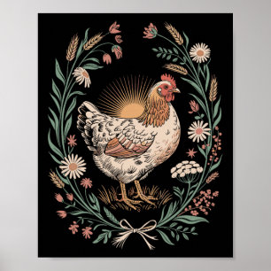 Póster Gallo Retro En Marco Floral Amante De Pollo De Cam