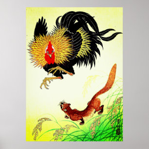 Póster Gallo y Comadreja Ohara Koson 1930s