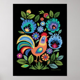 Póster Gallo y flores de Wycinanki, estilo folclórico pol