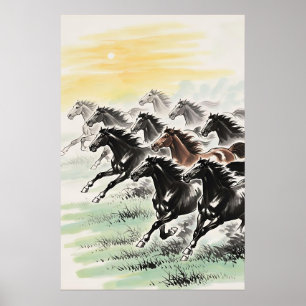 Póster Galloping Horses Feng Shui - Lápiz de tinta chino