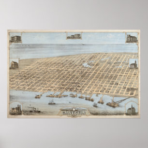 Póster Galveston 1871, TX Birds View Panoramic Map
