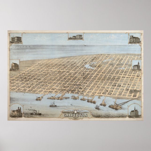 Póster Galveston 1871, TX Birds View Panoramic Map (Frente)
