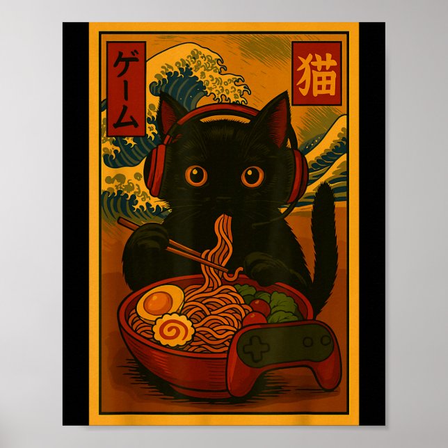 Póster Gamer Cat Eating Ramen Japanese Style  (Frente)