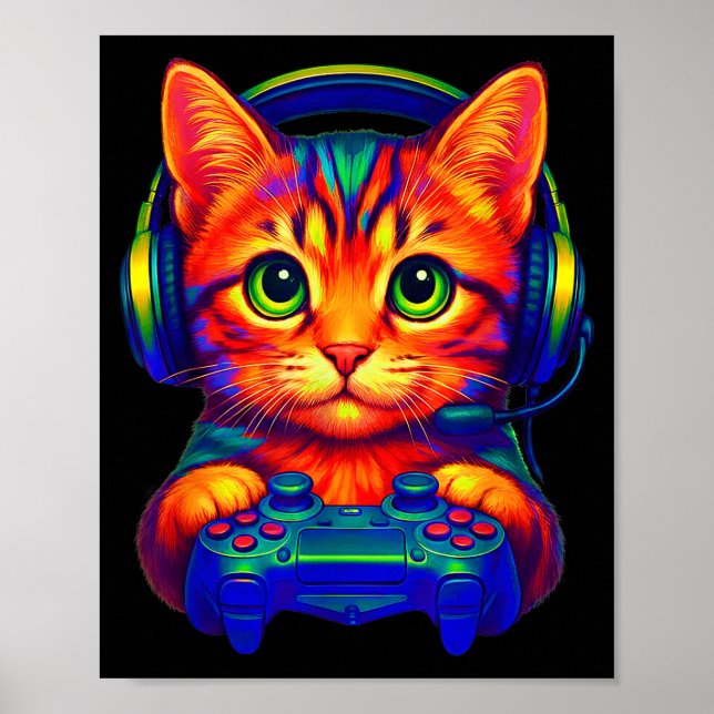 Póster Gamer Cat Video Games Boys Teen Men Girls Funny Ca (Frente)
