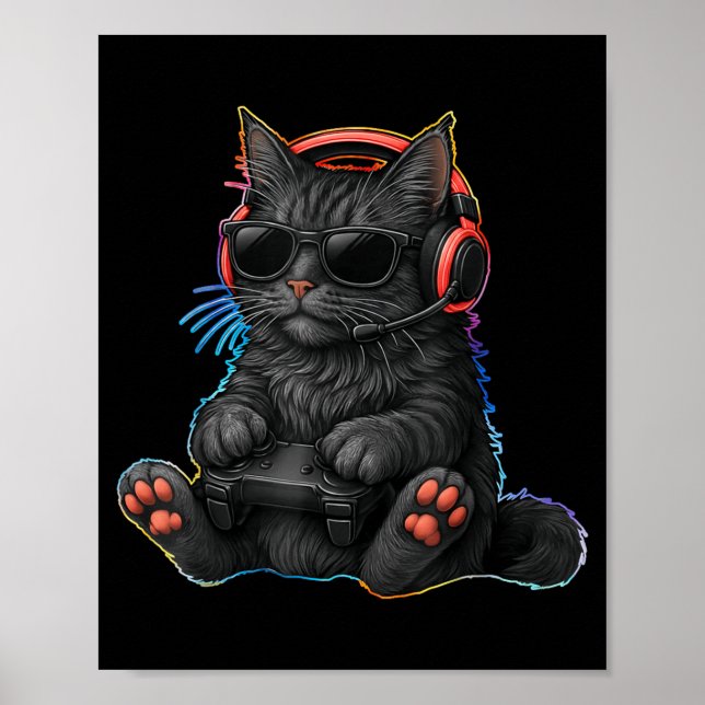 Póster Gamer Cat Video Games Boys Teen Men Girls Funny Ga (Frente)