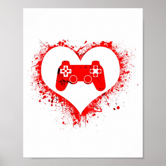 Póster Gamer Heart Valentines Day Video Games Boys Kids T (Frente)