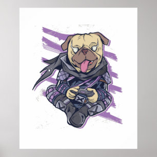 Póster Gamer Pug Ninja Neon Look Gift Guay