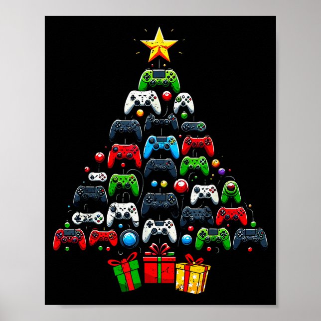 Póster Gaming Controllers Christmas Tree Funny Gamer Boys (Frente)