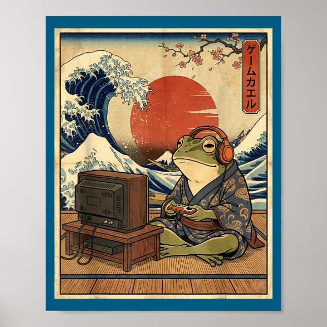 Póster Gaming Frog Art Ukiyo-e Japanese Gamer Anime Men W (Frente)