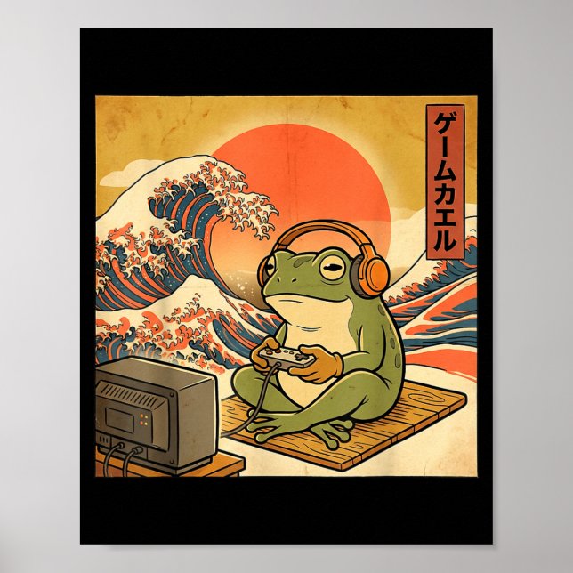Póster Gaming Frog Art Ukiyo-e Japanese Gamer Anime Men W (Frente)