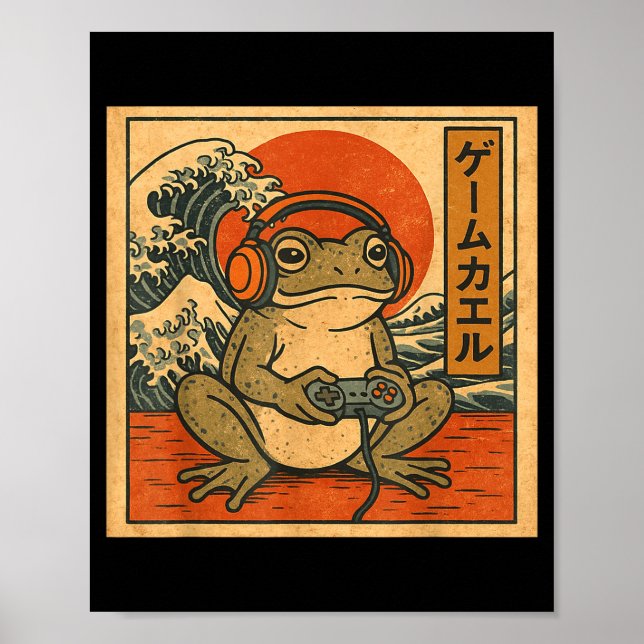 Póster Gaming Frog Art Ukiyo-e Japanese Gamer Anime Men W (Frente)