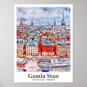 Póster Gamla Stan Stockholm Suecia Travel Watercolor