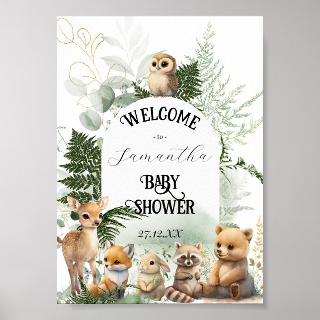 Póster Ganado de Woodland Greenery Forest Baby Shower wel (Frente)