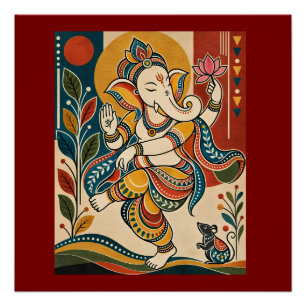 Póster Ganesha bailarín colorido - Arte popular tribal in