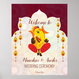 Póster Ganesha con guirnaldas amarillas frontera de loto