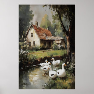 Póster Gansos en estampa de primavera de pueblo, pintura 