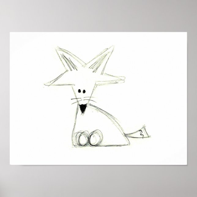 Póster garabato de zorro negro blanco gris simple dibujo  (Frente)