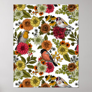 Póster Garden birds and flowers 1