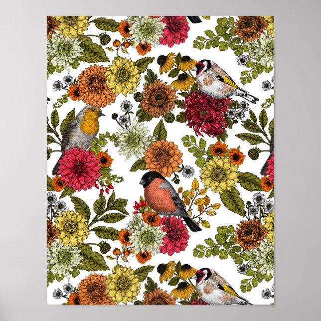 Póster Garden birds and flowers 1 (Frente)