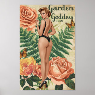 Póster Garden Goddess 1950 – Retro Pin-Up Botanical Colla