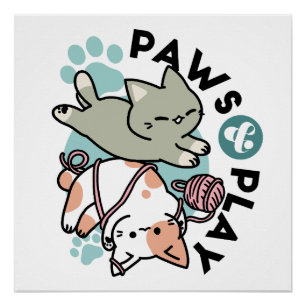 Póster Garras y Juego – Ilustración de Gato Adorable