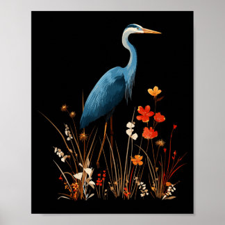 Póster Garza Azul Floral Flor Silvestre Observación de Av
