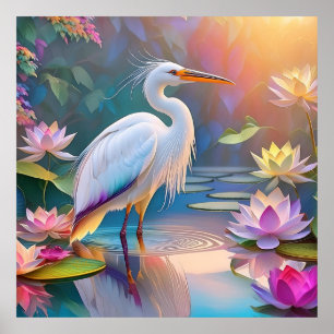 Póster Garza Blanca de Pico Naranja Ave de Fantasía