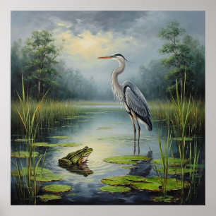 Póster Garza elegante en un estanque sereno en medio de e