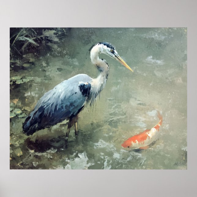 Póster Garza y vibrantes peces koi (Frente)