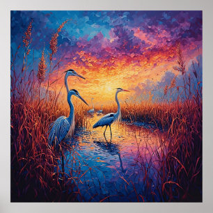 Póster Garzas en un humedal sereno al atardecer
