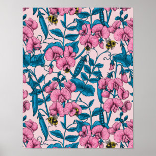 Póster Garzas y abejorros dulces, rosa y azul