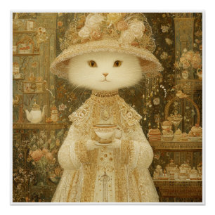 Póster Gata Lady Snow – Gato Victoriano con Taza de Té