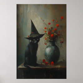 Póster Gata negra adorable bruja con botánicos oscuros, o