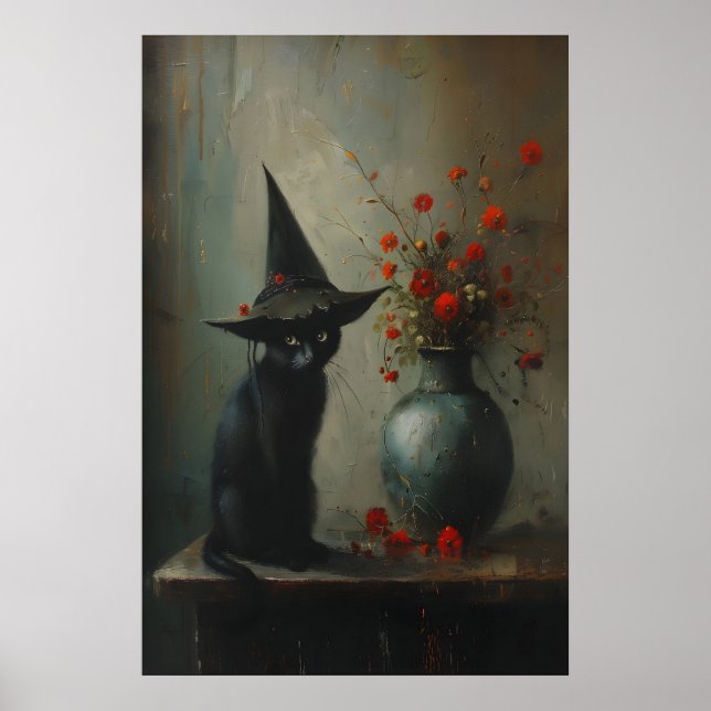 Póster Gata negra adorable bruja con botánicos oscuros, o (Frente)