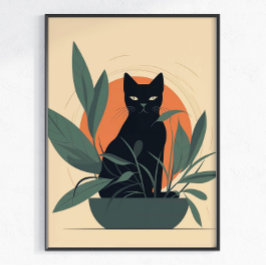 Póster Gata Negra Botánica Amante de Plantas Minimalista