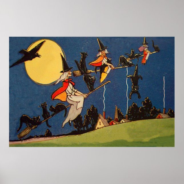 Póster Gata negra bruja volando luna cuervo (Frente)