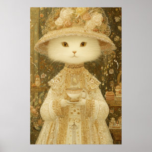 Póster Gata Snow – Gato Victoriano con Taza de Té
