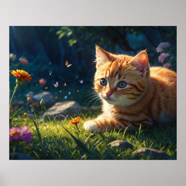 Póster *~*  Gatito 5:4 Felino Gatito Alcanzando Flor (Frente)