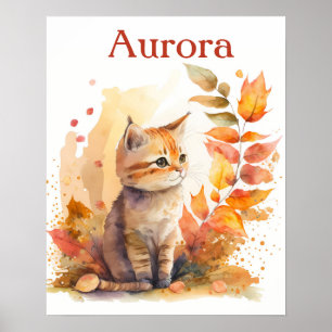Póster Gatito acuarela de otoño/otoño de vibes - niños