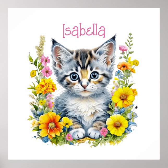 Póster Gatito acuarela en flores personalizadas (Frente)