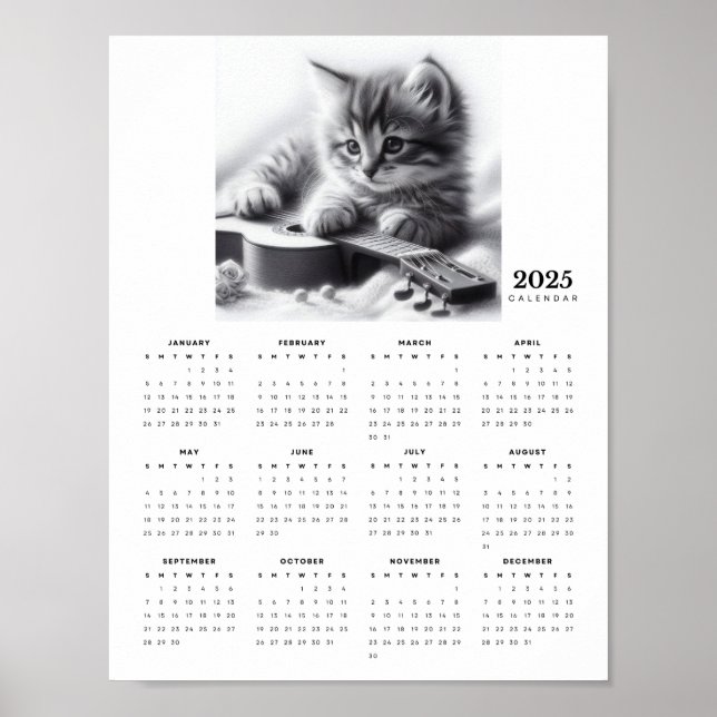 Póster Gatito acurrucado con un calendario de guitarra 20 (Frente)