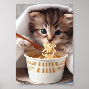 Póster Gatito Adorable comiendo fideos de Ramen