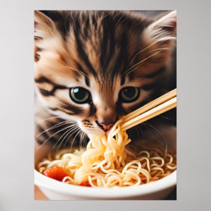 Póster Gatito Adorable comiendo fideos de Ramen