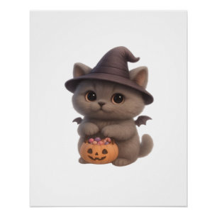 Póster Gatito adorable con disfraz de bruja de Halloween 