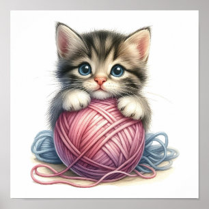Póster Gatito Adorable con Ovillo de Hilo Gato Caprichoso