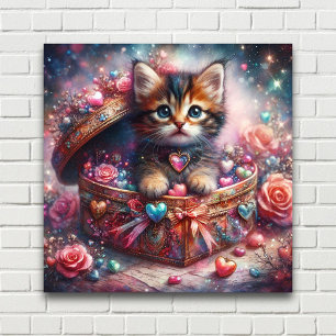 Póster Gatito Adorable En Caja Cardíaca Con Flores
